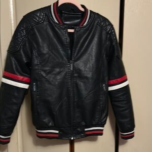 Black Faux Leather Jacket with Red and White Stripes
